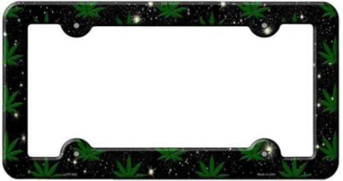 Weed on Black Background Metal License Plate Frame - Marijuanna - Picture 1 of 2