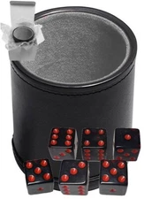 Set of 6 Transparent Smoke Red Dice + PU Leather Dice Cup Grey Felt Lined Boxed