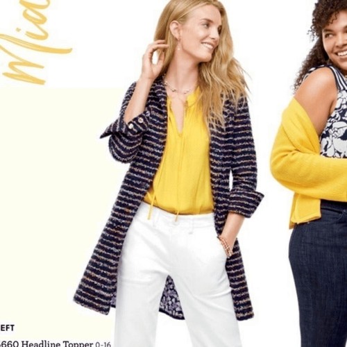 CABI Navy Blue Yellow Colorful Floral Print Tweed Striped Button Up Coat Size 4 - Picture 9 of 9