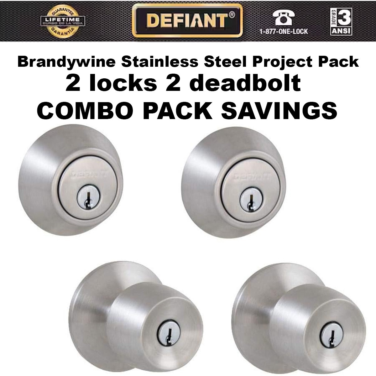 Defiant Brandywine Stainless Steel COMBO Pack - 2 DOOR KNOBS