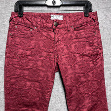 Free People Red Embossed Flower Design Jeans Low Rise Boho Ankle Women Size 27