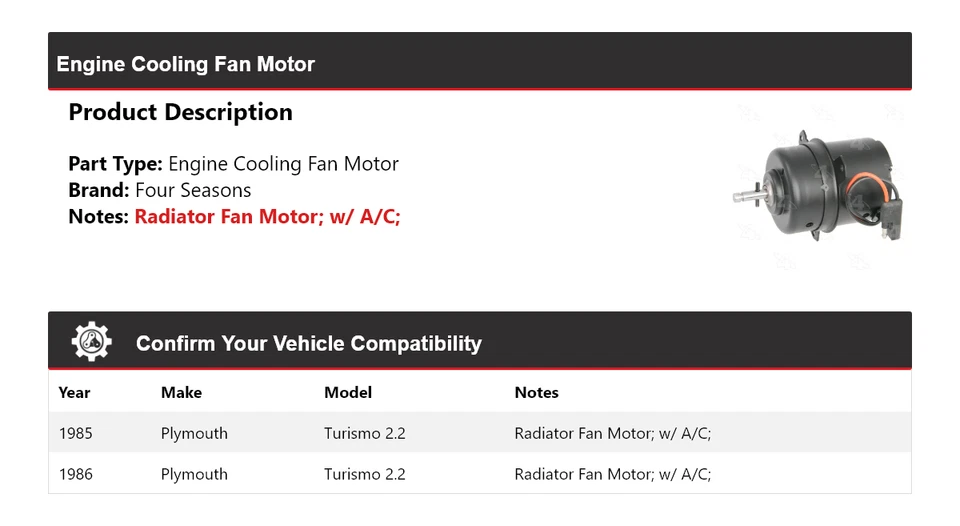 适用于 1985 - 1986 年 Plymouth Turismo 2.2 发动机冷却风扇电机 4 季 — 第 2/4 张图片