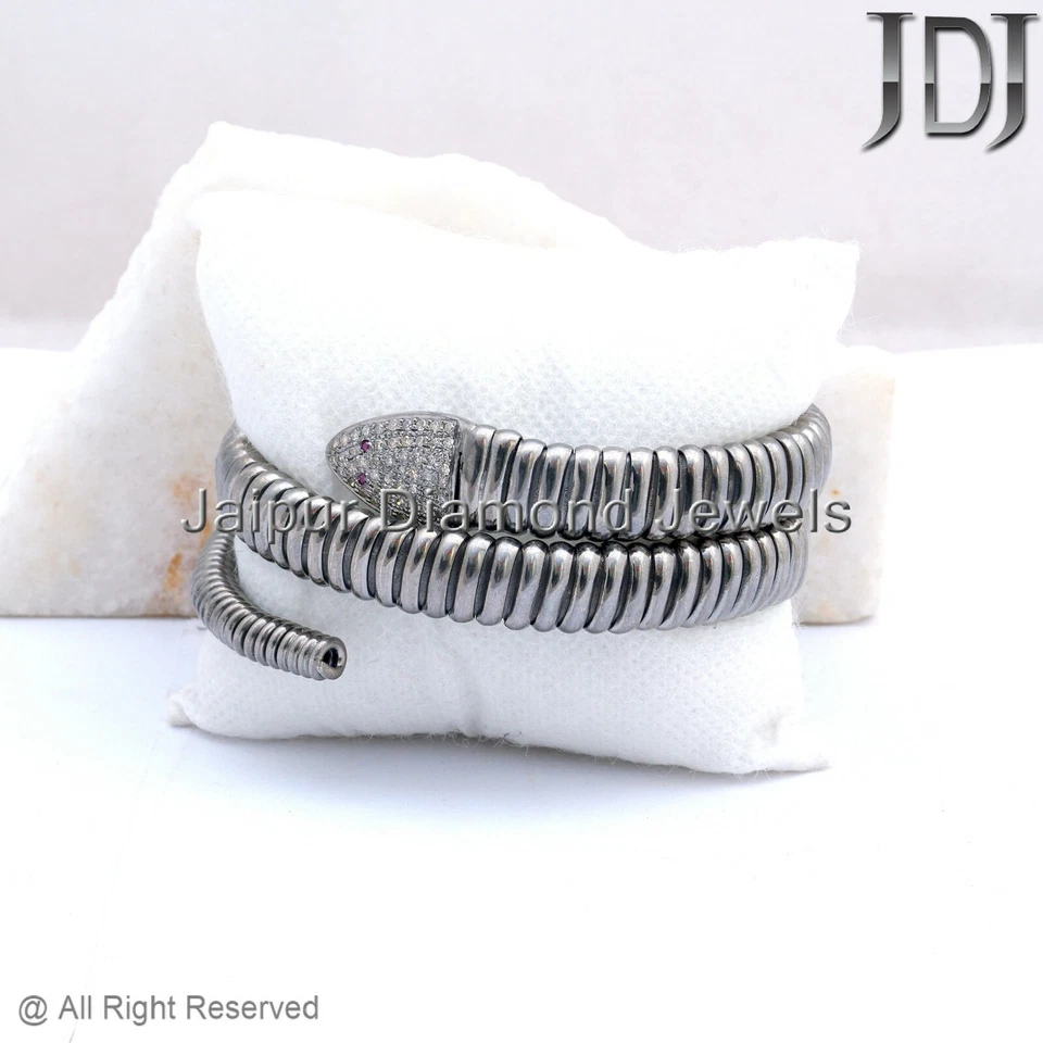 925 Silver Natural Pave Diamond Ruby Gemstone Snack Bracelet Vintage Jewelry - Image 4 of 4