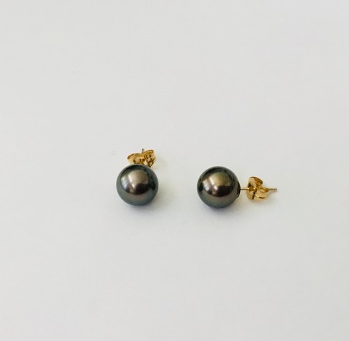 Classic Solid 14K Gold 8.3 - 8.7 mm Genuine Tahitian Pearl Stud Earrings NEW - Picture 6 of 7