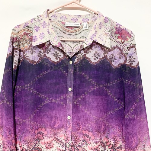 Susan Graver Tunic Top M Purple Ombre Paisley Button Down Long Sleeve Blouse - Picture 3 of 8
