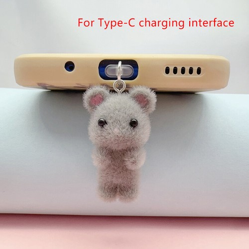 Cute Flocking Cat Mouse Phone Dust Plug For IPhone Samsung Type-C Charging P GF - Zdjęcie 8 z 24