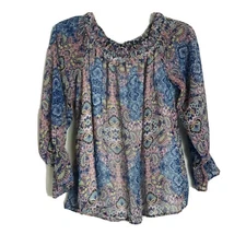 Belle & Sky Women's Blouse Size Medium Paisley Print Ruffled Neckline 