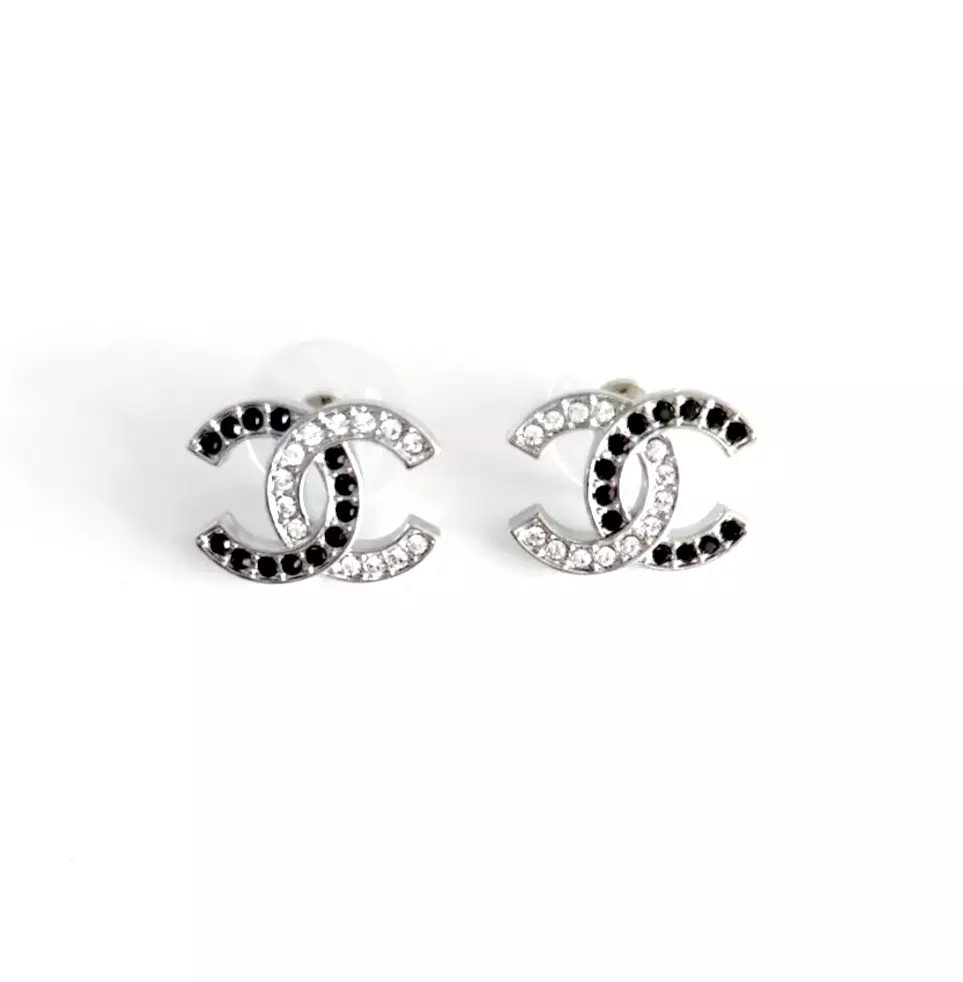 Chanel 22A Silver Black Crystal CC Stud Earrings