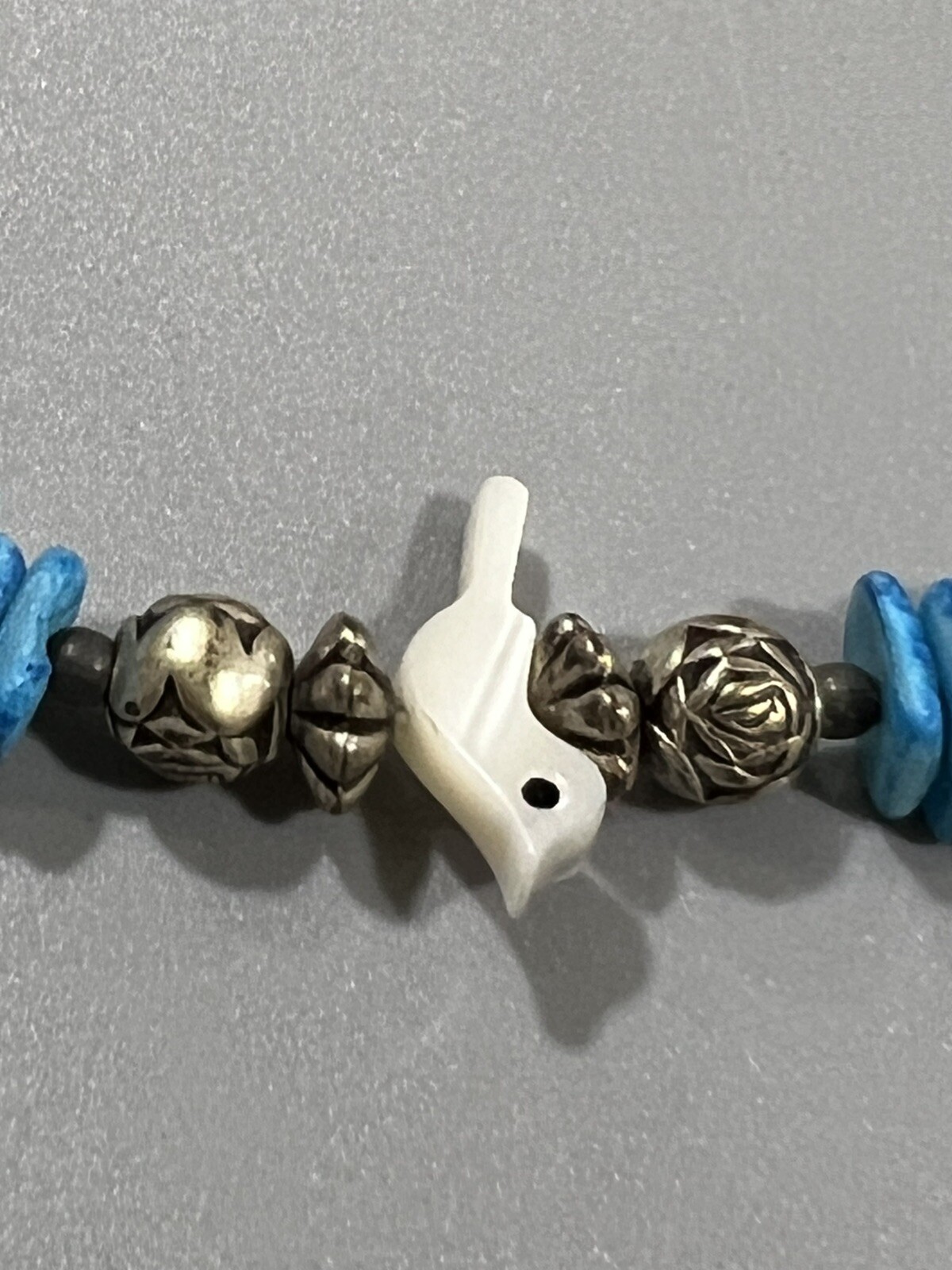 Handcrafted Shell Silver Tone Beaded Bracelet Bir… - image 4