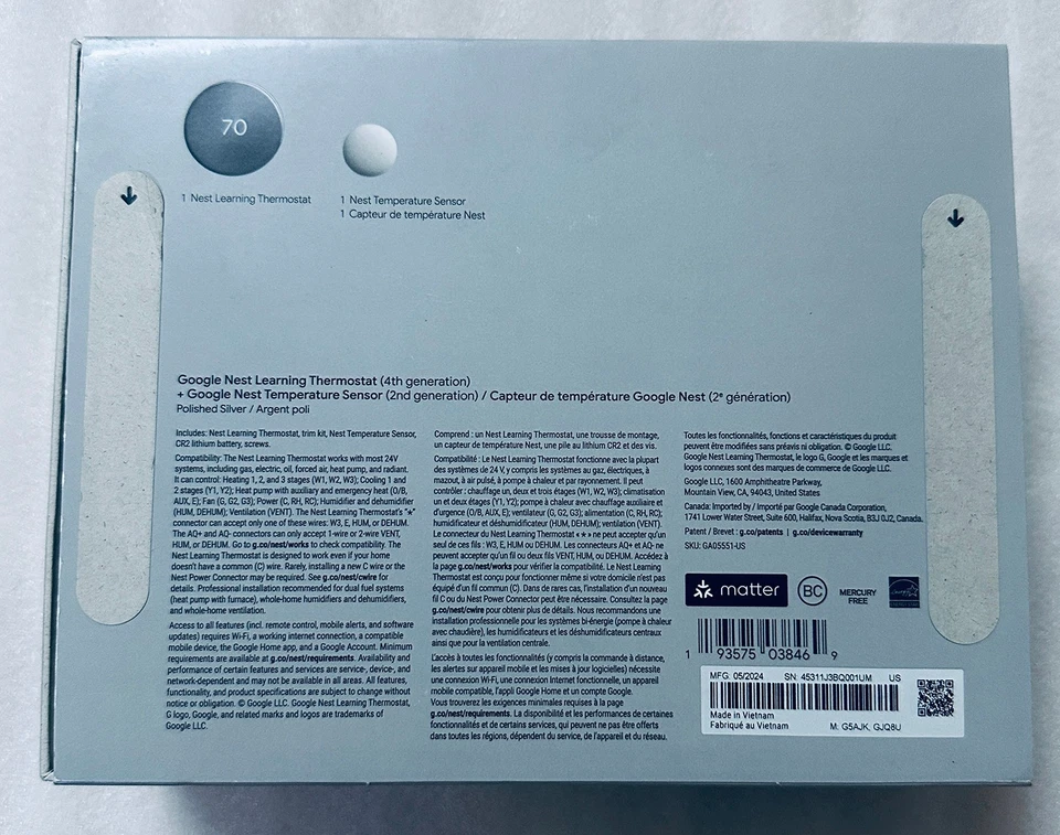 New Google Nest Learning Thermostat 4th gen + Nest Temperature Sensor (2nd gen) - Image 2 of 3