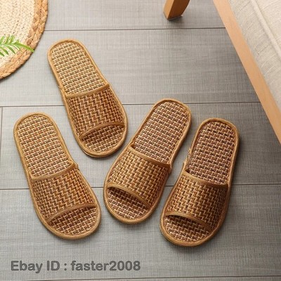 Spring summer bamboo woven rattan grass straw mat slippers home linen slippers