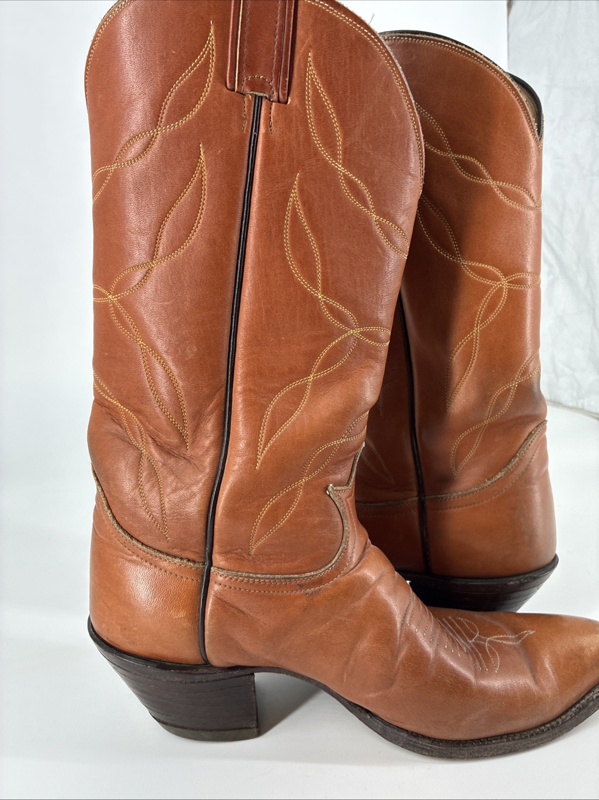 Vtg Tony Lama Leather Cowboy Boots Mens Sz 9.5 E Cognac Western 5055 Blk Label