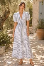 Doen Dress S 4 Women's V-Neck Floral Printed White Puff Sleeve Maxi NEW 46823