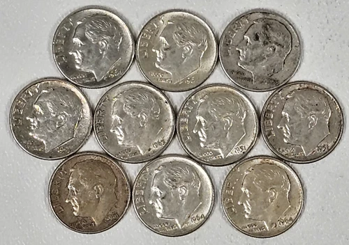 Lot of 10 Silver Roosevelt Dimes - 1964 and Earlier 90% Free Shipping