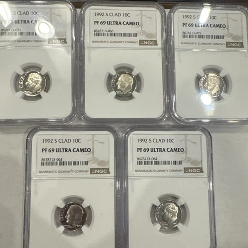 1992 S Roosevelt Dime Proof PF69 Ultra Cameo NGC Certified Clad 10C | LOT OF 5