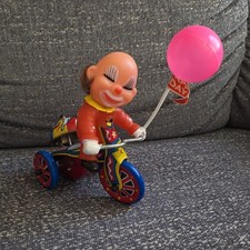 Vintage Tin Clown Wind-Up Tricycle Toy with Balloon for Ages 4-11 Years