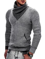 Men's Knitted Turtleneck Pullover Shawl Collar Sweaters Slim Fit Medium Grey
