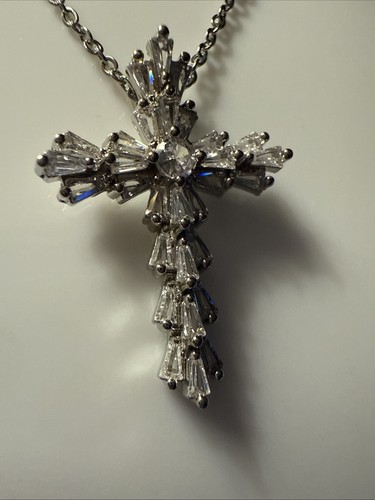 Silver Stainless Steel Cross Pendant Necklace With CZ Stone In Center - Picture 10 of 10