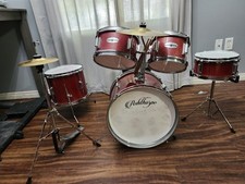 Kids Drum Set, Ages 8-14, Red Drum Set With Wooden Sticks And Seat.
