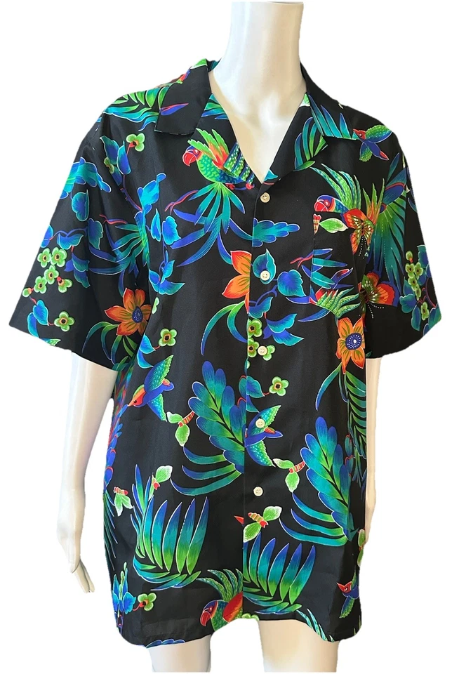 Camisa masculina Michael Richards grande preta floral tropical manga curta com botões - Imagem 4 de 4