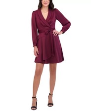Vince Camuto Satin Shawl-Collar Fit & Flare Dress Women's 14 Wine Zip Closure