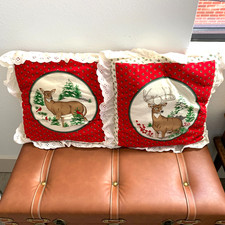 Vintage Deer Doe Buck Christmas Winter Scene Set of Pillows Cottagecore 16"