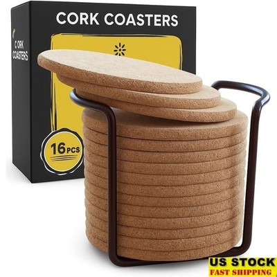 Cork Coasters Set W/ Metal Holder Absorbent Drink Coasters Home Bar Office New