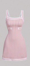 SHEIN Houndstooth Print Contrast Binding Cami Dress Pink and White Size XS/US2