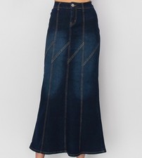 NWT Be Girl Long Jean Skirt Size XS - 3XL Dark Blue Stretch Maxi Denim Paneled
