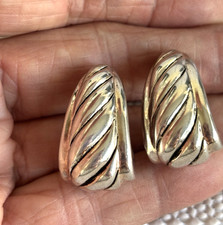 Large Vintage Sterling Silver Puffy Huggy Hoop Earrings Slanted Ribbed Design 8g