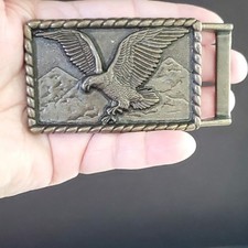 Vintage Flying Eagle Soaring Over Mountain Brass Tone Belt Buckle Rectangle 70's