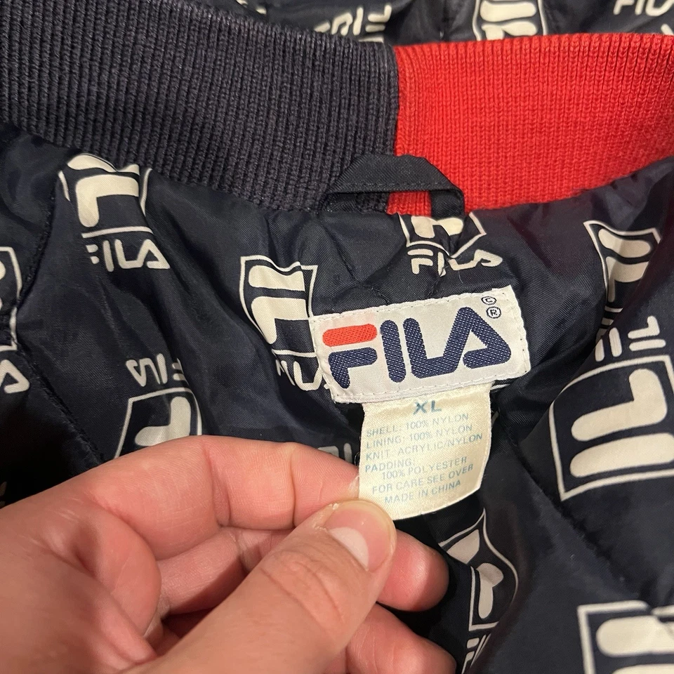 复古 FILA Puffer 夹克男式 XL 90 年代嘻哈说唱蓝色红色全拉链 Y2K — 第 3/4 张图片