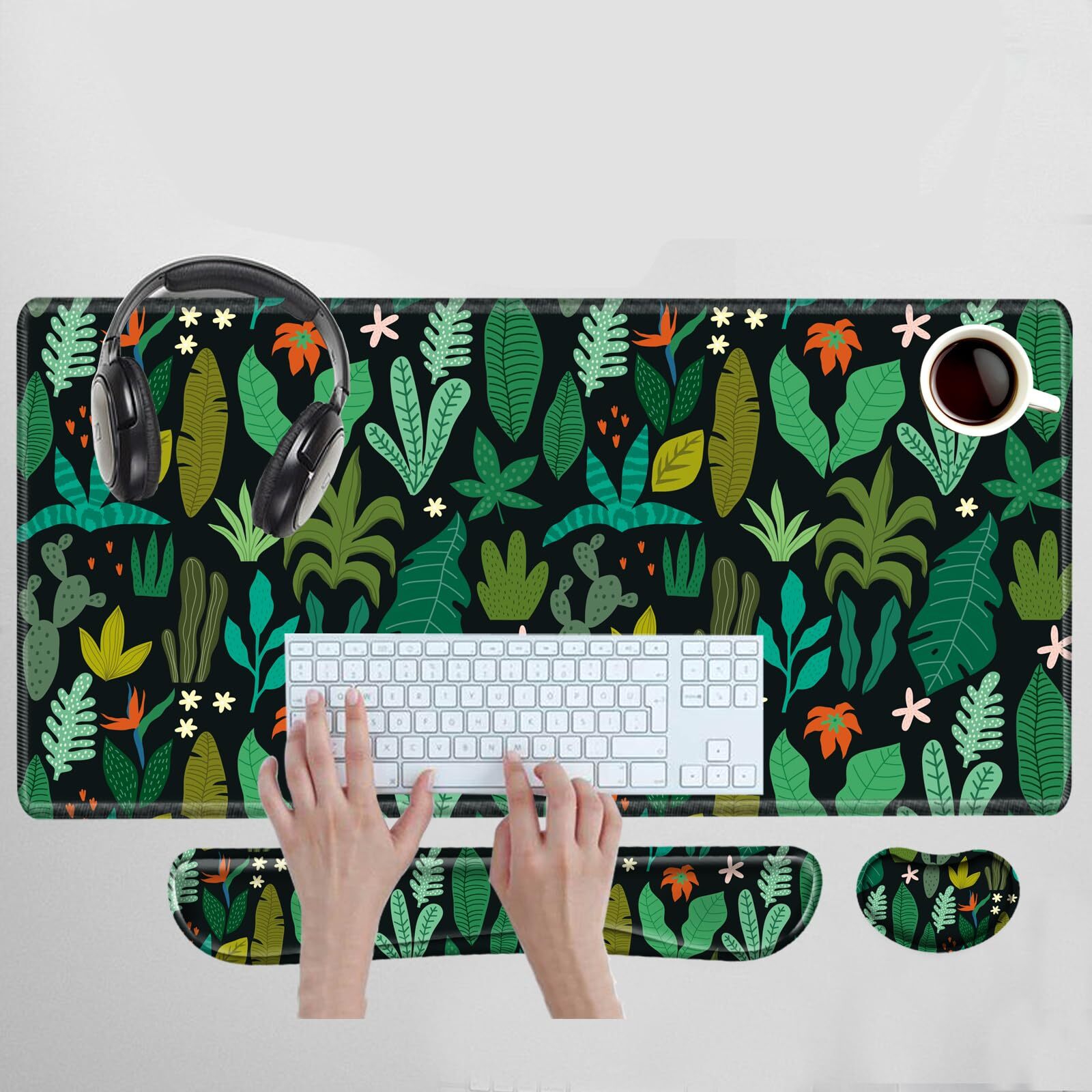Large Tropical Plants Desk Mat with Keyboard Wrist Rest and Mouse Pad Support-image