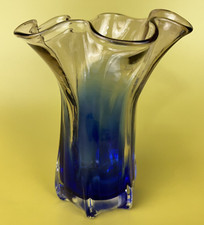 Cobalt Blue Art Glass Vase Blue Clear Hand Blown Molded Twisted Ruffled Edge