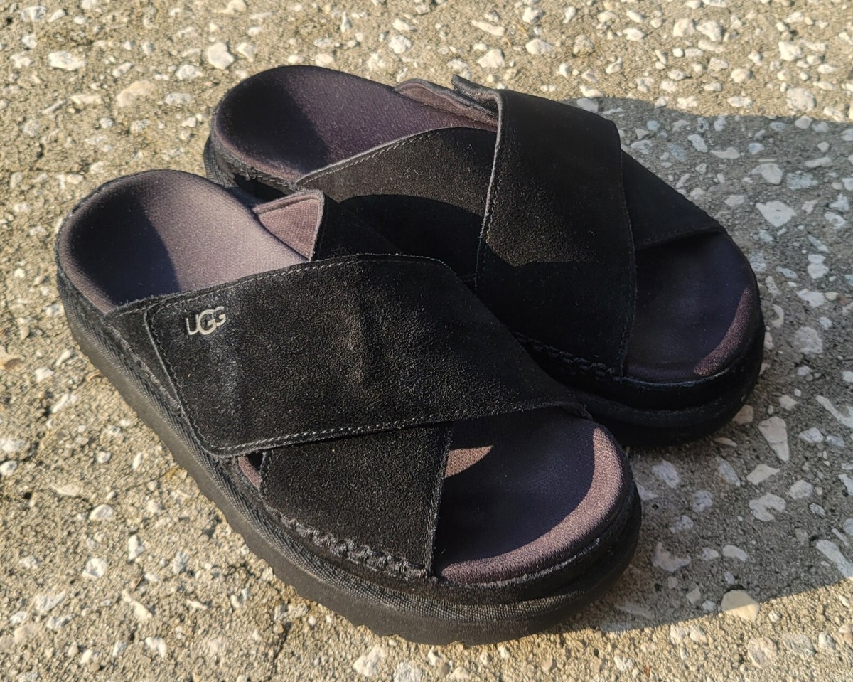 Ugg Goldenstar Suede Cross Platform Slide Sandals Shoes Black