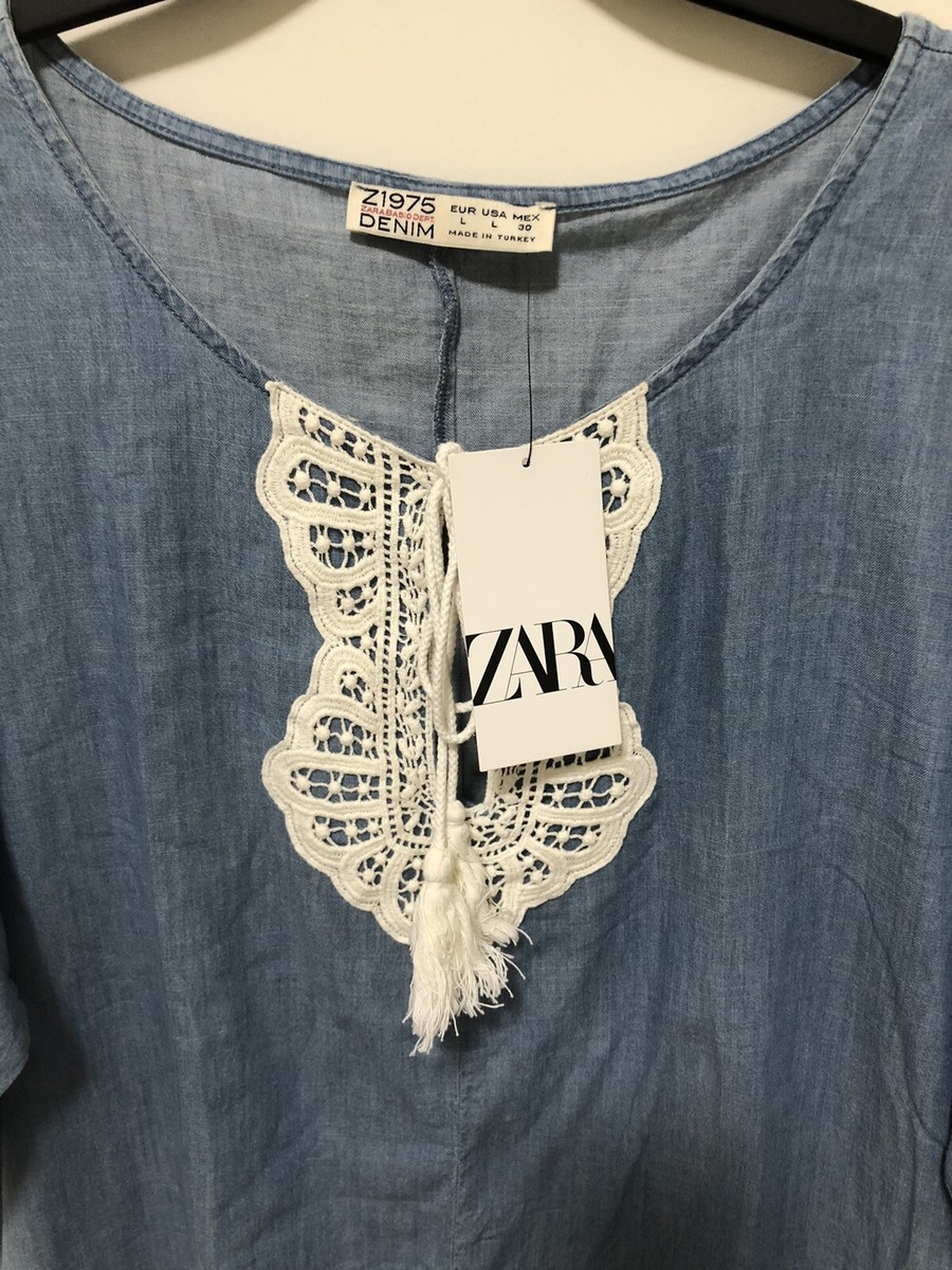 NWT Zara Denim Blue Cotton Embroidered Tunic Dress Size L | eBay