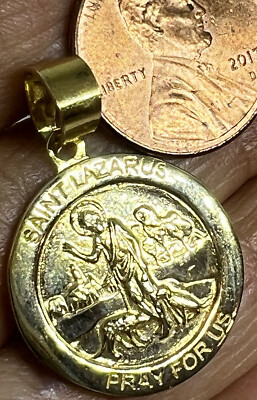 GOLd saint san st lazarus lazaro pray for us 10k pendant charm necklace 1.20''