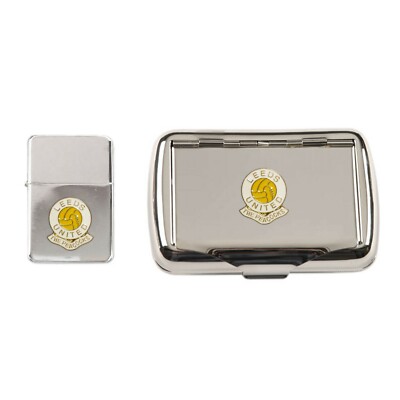 Leeds United football club chrome tobacco tin and stormproof petrol lighter 