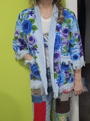 70s Vintage Terrycloth Towel Fringe Beach Jacket Purple Blue Vivid Colors OS - Picture 3 of 6