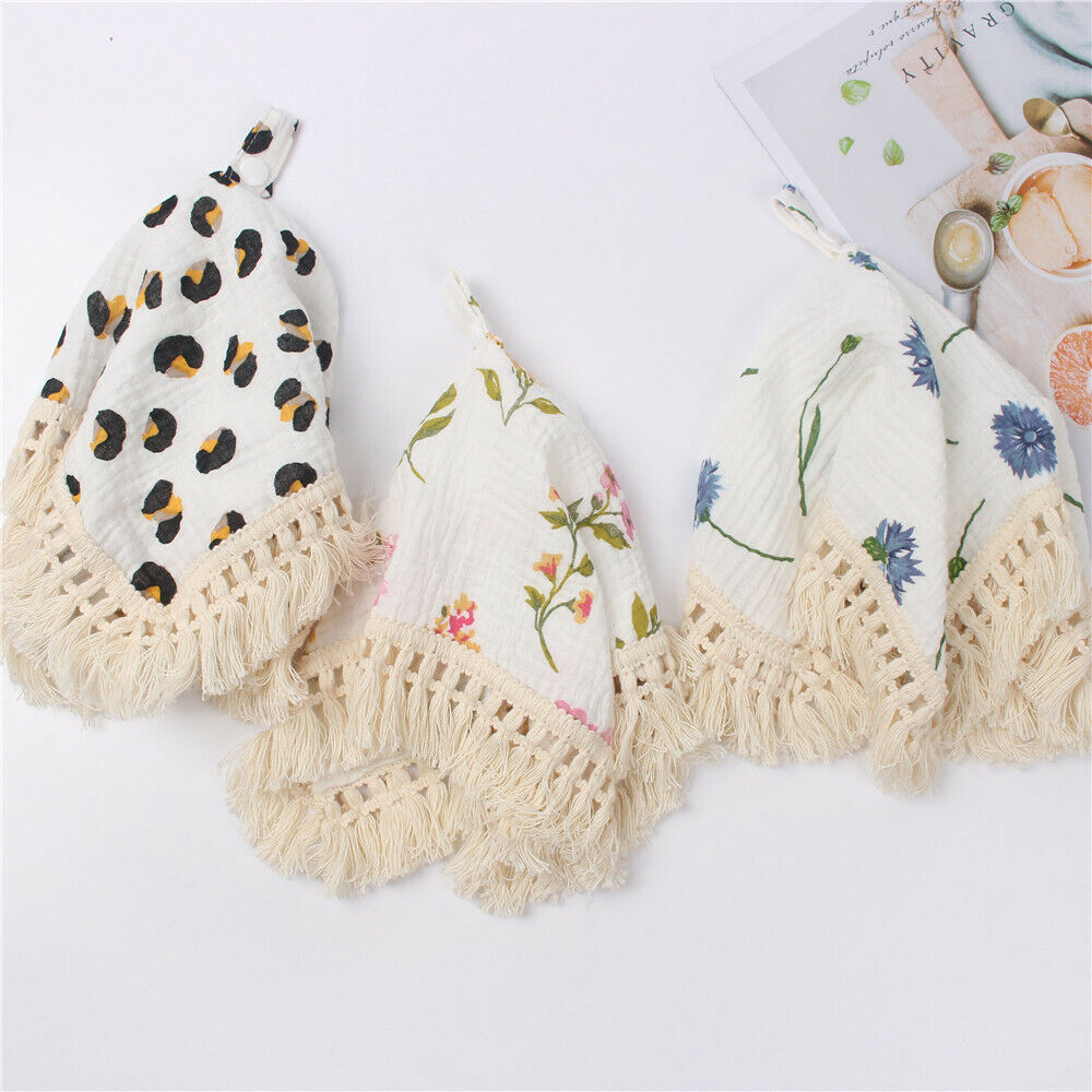 Floral Print Muslin Cotton Bibs Blanket Newborn Baby Tassels Burp Towels Bandana