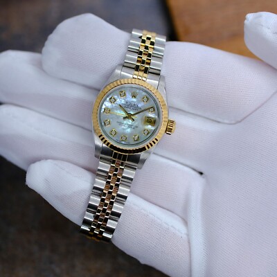 Rolex Datejust 69173 Ladies 18K SS White Mother Pearl Diamond Dial