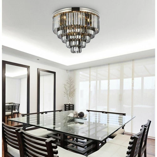 Large Polished Nickel Flush Mount Crystal Light Silver Shade Dining Room Fixture - Picture 2 of 9