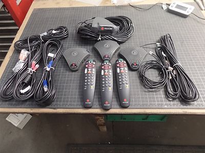 LOT OF POLYCOM CONFERENCING EQUIPMENT, MICROPHONES, CABLES, REMOTES, ETC...