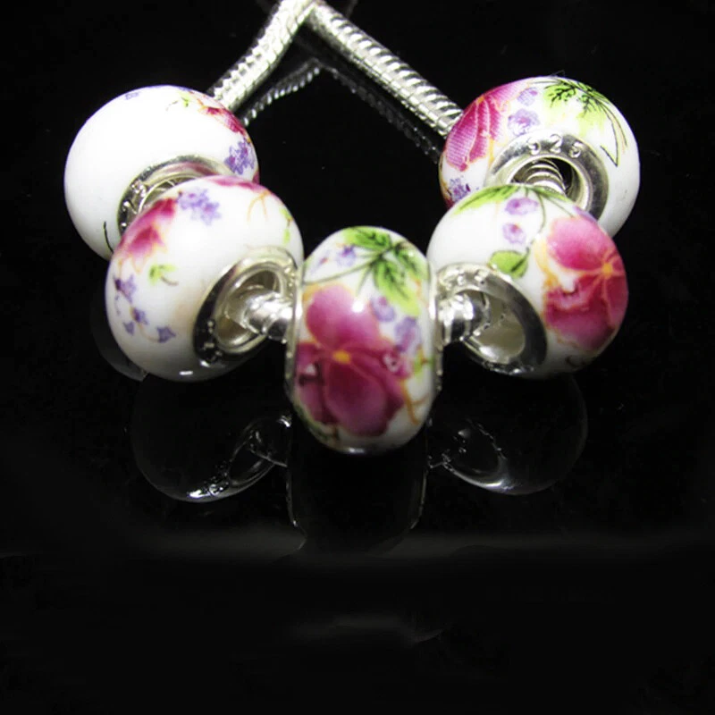 Brazalete de 2-5-10 piezas púrpura rosa flor plata Murano murano murano agujero grande Foto 2 de 4