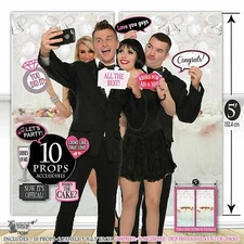 Wedding Photo Backdrop and Selfie Props, Photo Booth Background & Cards 12p Set