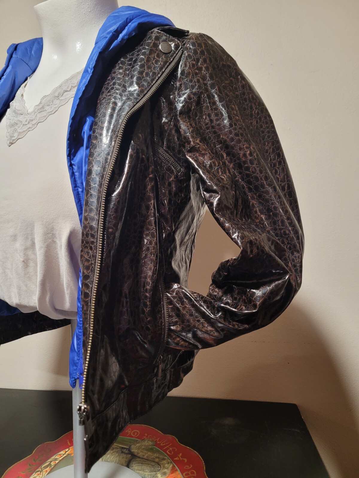 SPANNER Moto Faux Leather Zip Out Puffer Jacket Size Sm RARE Black Blue