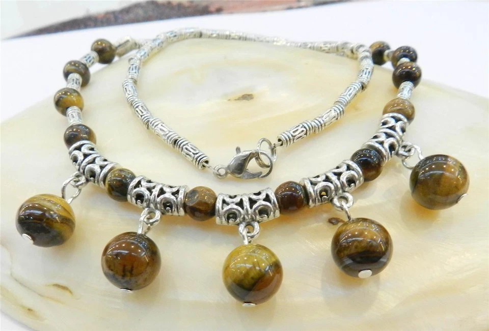 HERMOSO COLGANTE DE CUENTAS REDONDAS OJO DE TIGRE AMARILLO NATURAL Y COLLAR DE PLATA TIBET 18" Foto 2 de 2