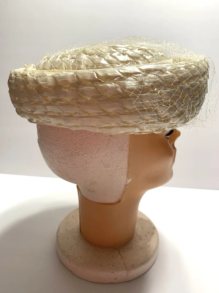 Sombrero de Paja Blanco Brunch Derby Iglesia Floral Velado Vintage Mujer Talla 21 Foto 2 de 4