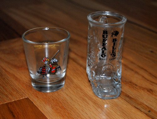Vintage Las Vegas Shot Glasses - RARE Buffalo Bills Boot and Excalibur Medieval