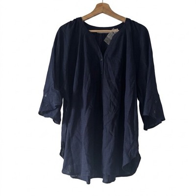 Martha Stewart Signature Linen Blend Blue Blouse Top Size 1X Resort Mature NEW
